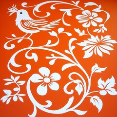 White bird and floral design on orange background.