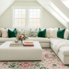 White sectional sofa with green pillows in a bright attic room.