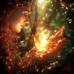 Woman with fiery leaf in hands, magical forest setting.