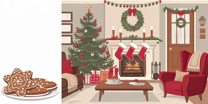 Cozy Christmas Living Room Scene Fireplace Tree Gifts Cookies