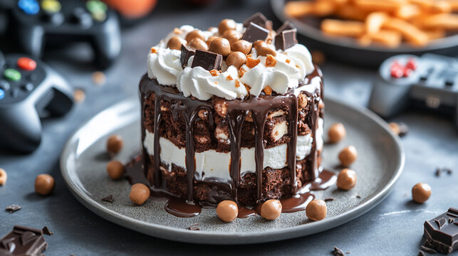 Delicious chocolate brownie dessert with whipped cream and caramel candies.