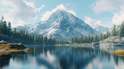 Fototapeta premium Majestic snow capped mountain reflected in serene alpine lake