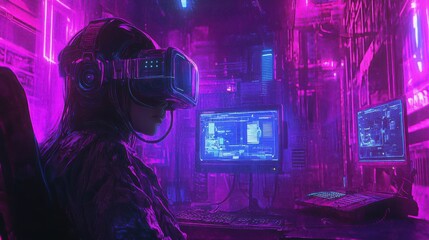 Futuristic Female Operator Engaged in Virtual Reality with Neon Lights and High-Tech Screens in Cyberpunk Environment
