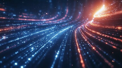 Abstract glowing particle trails in blue and orange.