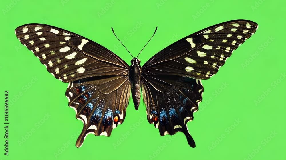 Poster a butterfly with intricate wing patterns gradually transforming into a solid color. green screen chr