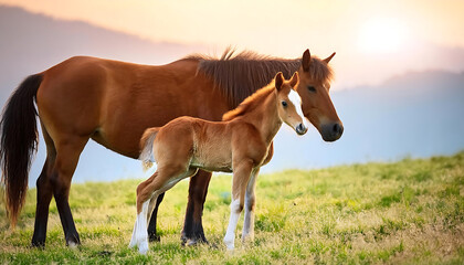 Obraz premium Newborn Foal Taking Its First Steps Beside Mother in a Green Meadow