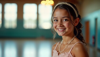 Young girl smiles elegantly. Wears beautiful light pink dress, pearl necklace. Poised, ready for dance event. In gymnasium. Photo taken during dance preparation event. Great image for school programs