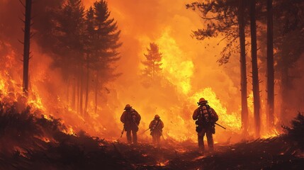 Obraz premium Forest firefighters combat blazing wildfire in dense woods dramatic scene captured in fiery environment