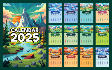 calendar 2025 design with nature landscape view. calendar template 2025