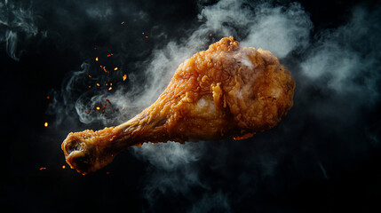 Obraz premium Hot, crispy fried chicken drumstick with steam and spices on black background.