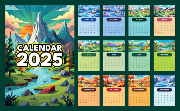 calendar 2025 design with nature landscape view. calendar template 2025 - Powered by Adobe