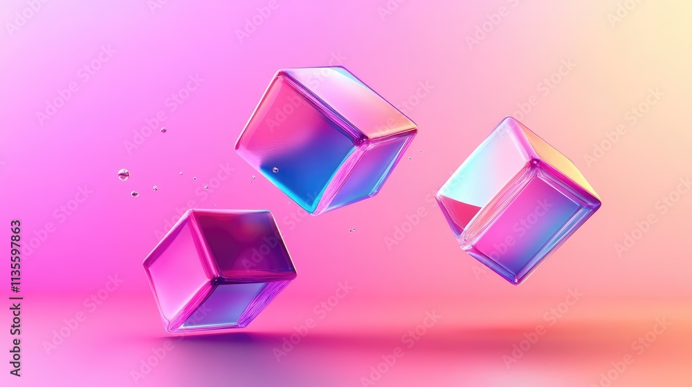 Poster colorful floating cubes in a digital space with soft pastel background