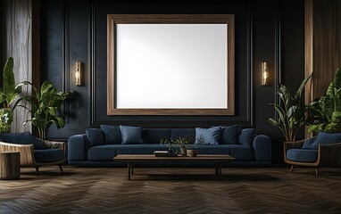 Dark living room with navy blue velvet sofa, wooden frame, and blank canvas.