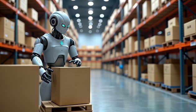 Robotic warehouse worker sorts, packs items. Automation in logistics. Warehouse tech solutions. Modern tech for efficiency. Future of work. Robot handling packages. Automated inventory management.