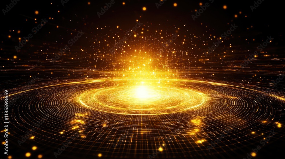 Poster Radiant Golden Burst with Sparkling Light and Abstract Patterns