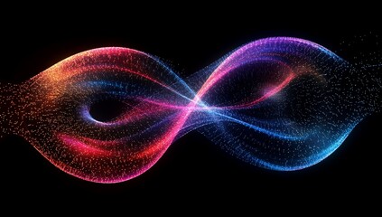 Abstract infinity symbol composed of glowing particles in vibrant red and blue colors.