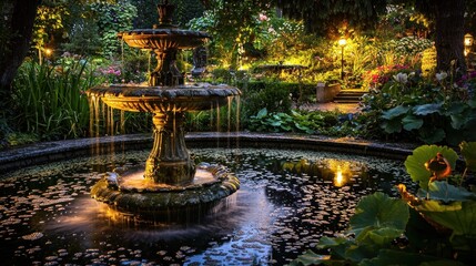 Serene Garden Fountain At Night Illuminated By Soft Lights