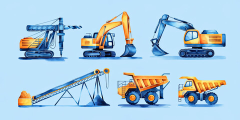 Construction Vehicles Excavators Dump Trucks and Drill Rig Watercolor Illustrations