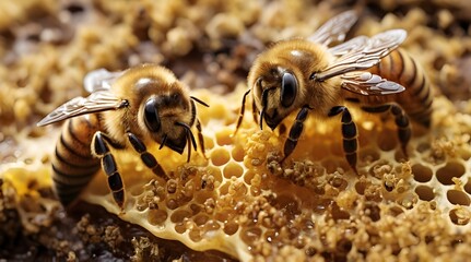 Fototapeta premium Bees on a wax comb with bee larvae.generative.ai