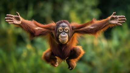 Orangutan Jumping. Wildlife, primate, rainforest.