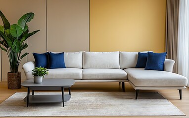 Modern beige sectional sofa with blue pillows in a living room with yellow and beige walls, grey coffee table and area rug.