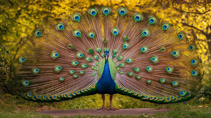 Obraz premium Peacock displaying its vibrant tail feathers. Concept of beauty, nature, and wildlife.