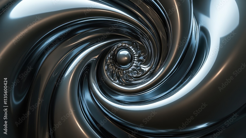 Poster abstract black spiral design with shiny metallic texture and depth