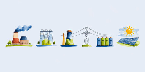Fototapeta premium Watercolor Power Generation Energy Sources Solar Wind Fossil Fuels