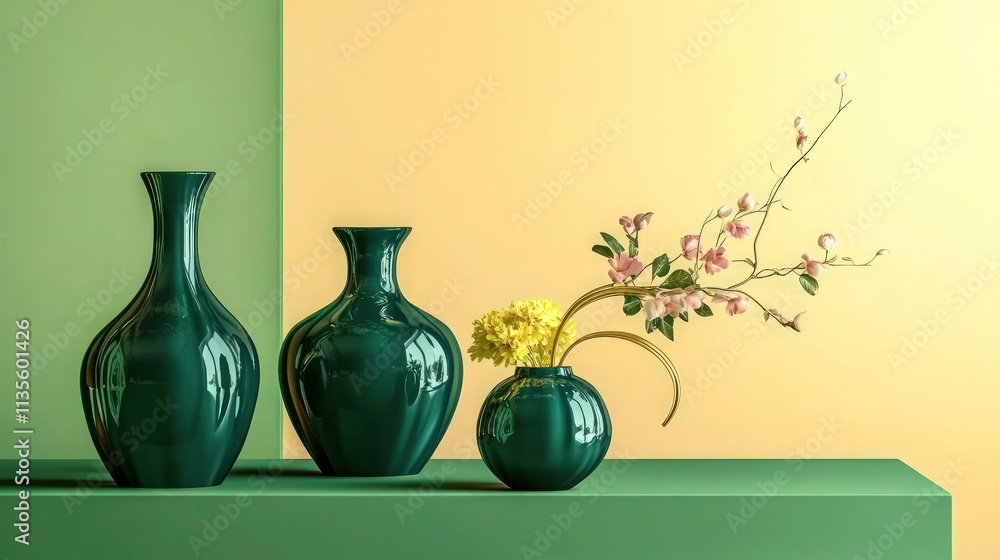 Poster a stylish tableau of three deep emerald green vases, each with unique shapes, positioned neatly on a