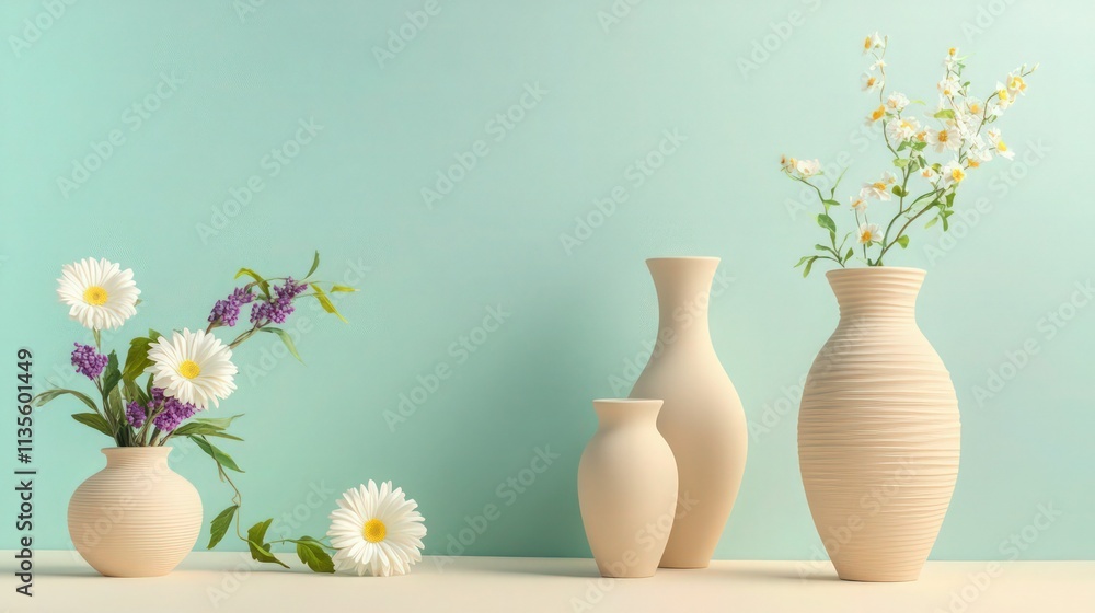 Poster a tranquil display of muted beige vases placed on a cream-colored surface against a soft sand-toned 