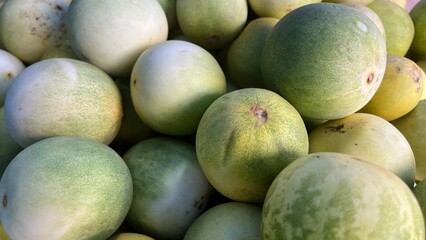 Fresh and raw vegetables the market. Fresh potatoes, bel peppers, tomatoes, zucchini, eggplant and green beans for sale at vegetable market, close up. Organic vegetables at local market.	