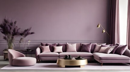 Elegant living room in dusty purple hues with lavender mauve sofas and chairs.generative.ai