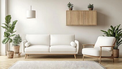 Minimalist living room with white sofa, armchair, wooden cabinet, plants, and rug.