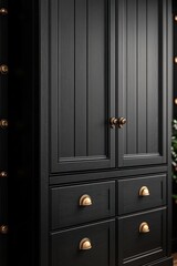 Fototapeta premium Black wooden wardrobe with copper knobs and drawers.