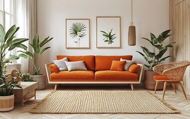 Orange sofa in a bright living room with plants, rug, and natural decor.