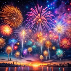 Naklejka premium Vibrant Fireworks Lighting up the Night Sky