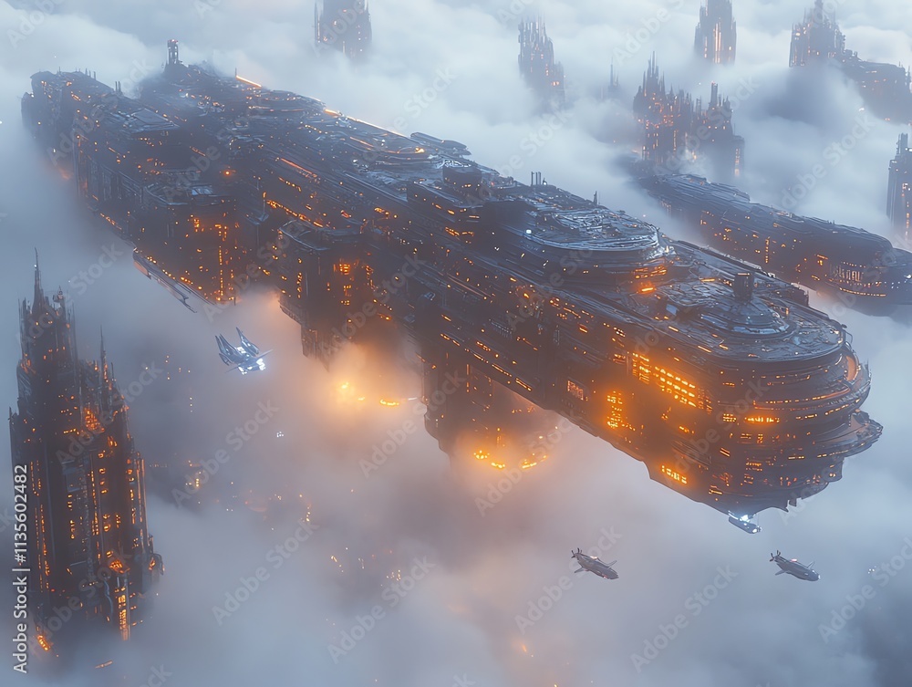 Poster a futuristic spaceship gliding through clouds above towering structures, illuminated by lights.