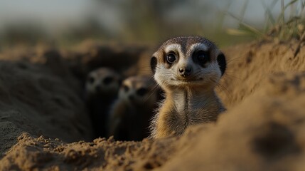 Obraz premium A curious meerkat peeks from a sandy burrow, surrounded by fellow meerkats in the background, under soft sunlight.