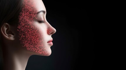 Fototapeta premium Woman s Face Profile Skincare Beauty Red Particles Technology Cosmetics