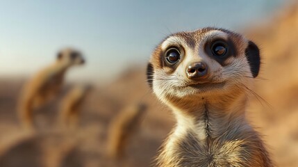 Fototapeta premium A close-up of a curious meerkat with expressive eyes, surrounded by blurred companions in a desert setting.