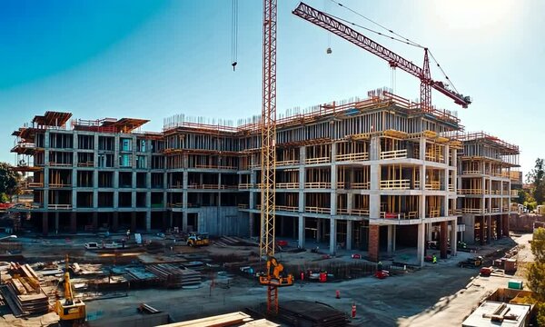 A construction site featuring a large building under development with cranes and equipment.
