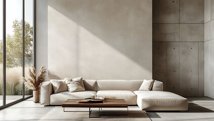 Modern living room with beige sectional sofa, wooden coffee table, large window, and pampas grass.