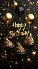 A festive birthday greeting with cupcakes and decorative elements.