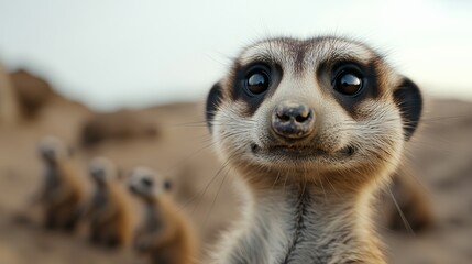 Fototapeta premium Close-up of a curious meerkat with a playful expression against a sandy backdrop.