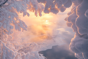 Frozen lake blanketed in ice, reflecting the soft, warm glow of the rising sun