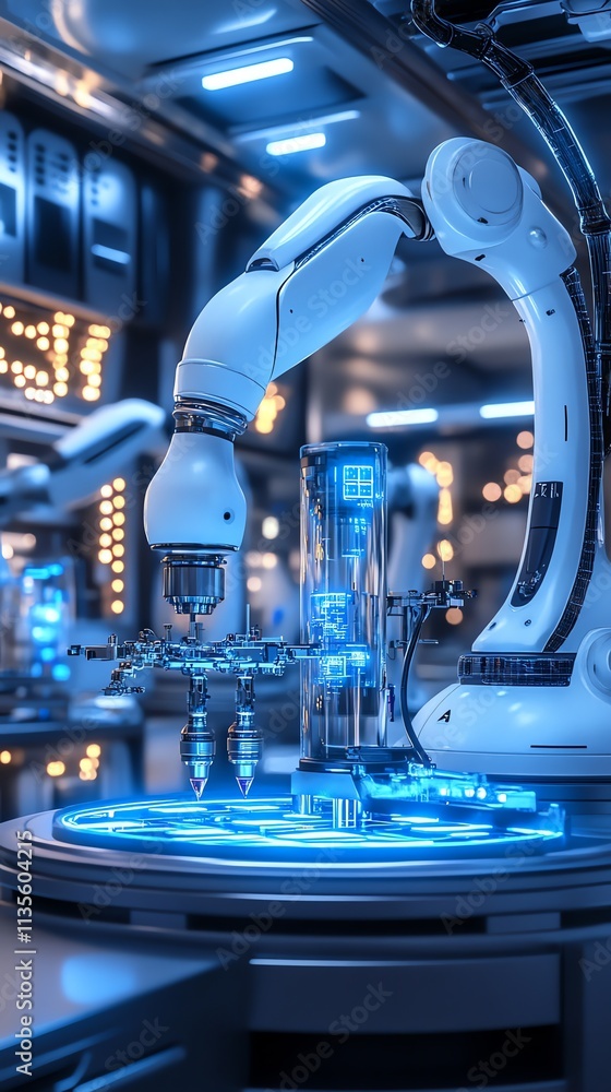 Poster robotic arm manipulating a test tube in a futuristic laboratory setting.