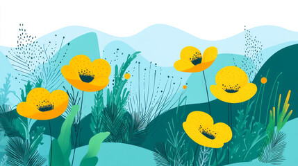 vibrant yellow poppies against a calming teal and blue landscape