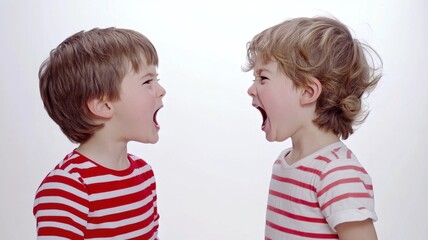 Two young children in striped shirts shouting at each other.