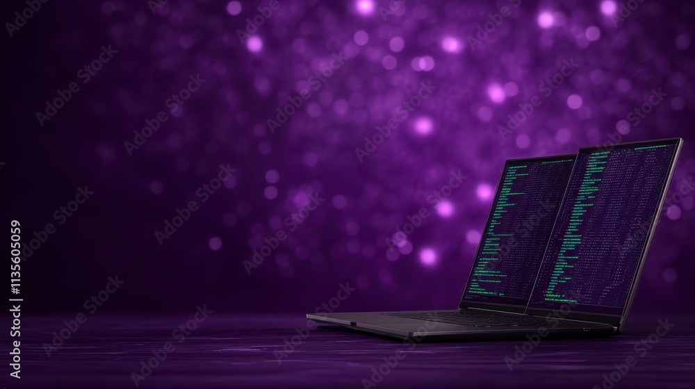Poster dual screen laptop coding purple bokeh background