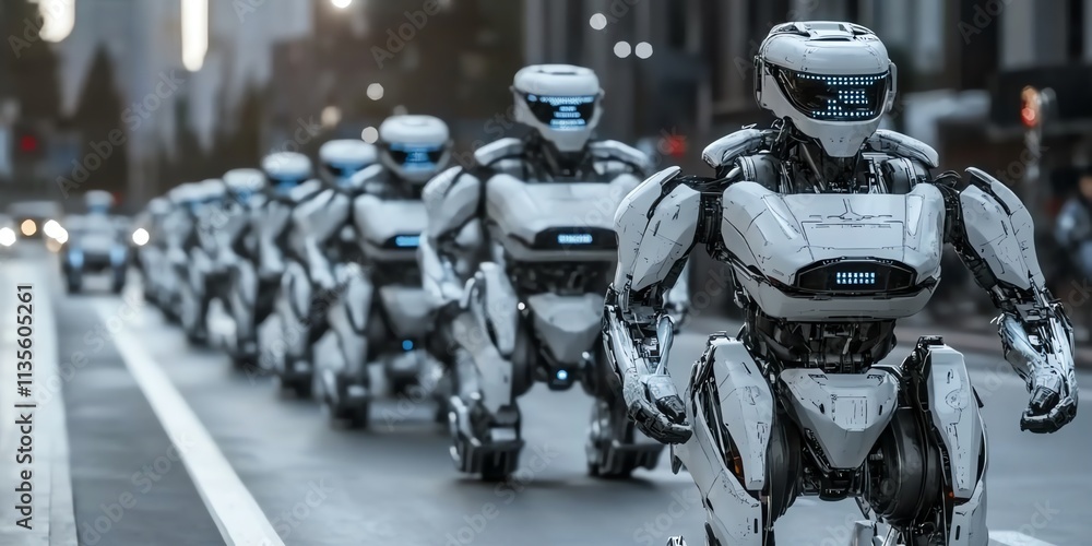 Poster a line of futuristic robots walking in an urban setting.